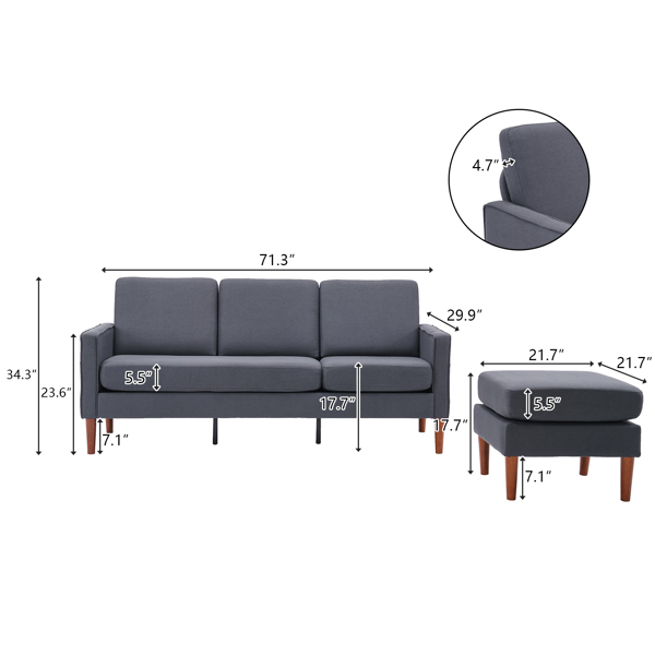 182*73*73cm Fabric Art 2nd Generation American Armrest 3 Persons With Concubine Pedal Indoor Modular Sofa Dark Grey