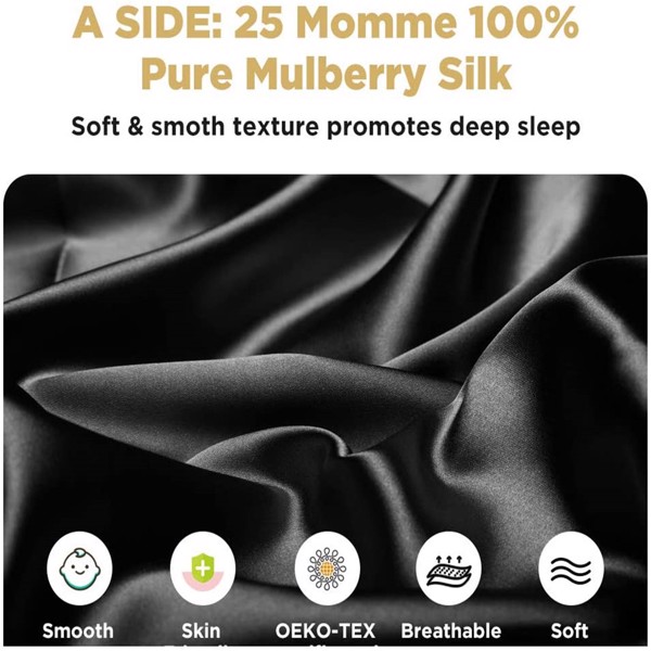 Lacette Mulberry Silk Pillowcase for Hair and Skin Black King Set of 2, 22 Momme Mulberry Silk&Wood Pulp Fiber Dual-Sided Silk Pillow Cases with Zipper,Soft Cooling Silk Pillow Cover, (FBA 发货，周末不发货)