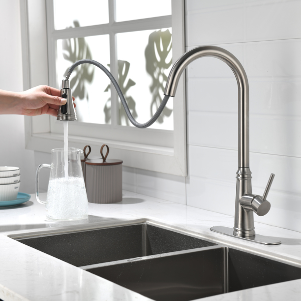 Single Handle High Arc Pull Out Kitchen Faucet,Single Level Stainless Steel Kitchen Sink Faucets with Pull Down Sprayer