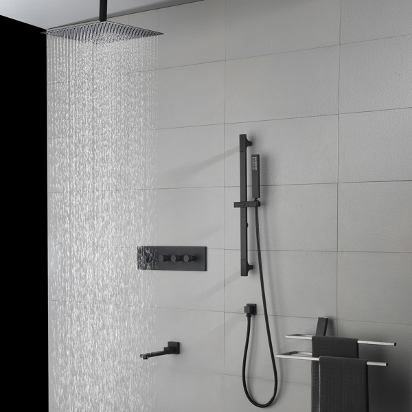  Rainfall Showerhead Thermostatic Shower System Shower Faucets Complete Set (Black)