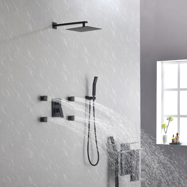 Shower System, 10-Inch Matte Black Full Body Shower System with Body Jets, Square Rainfall Shower Head, Handheld Shower, and 3 Functions Pressure Balance Shower Valve, Bathroom Luxury Faucet Set.
