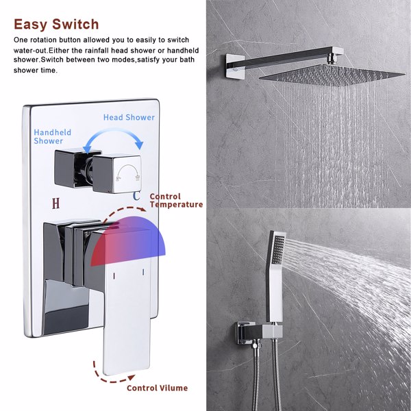 Shower System Shower Faucet Combo Set Wall Mounted with 12" Rainfall Shower Head and handheld shower faucet, Chrome Finish with Brass Valve Rough-In[Unable to ship on weekends, please place orders wit