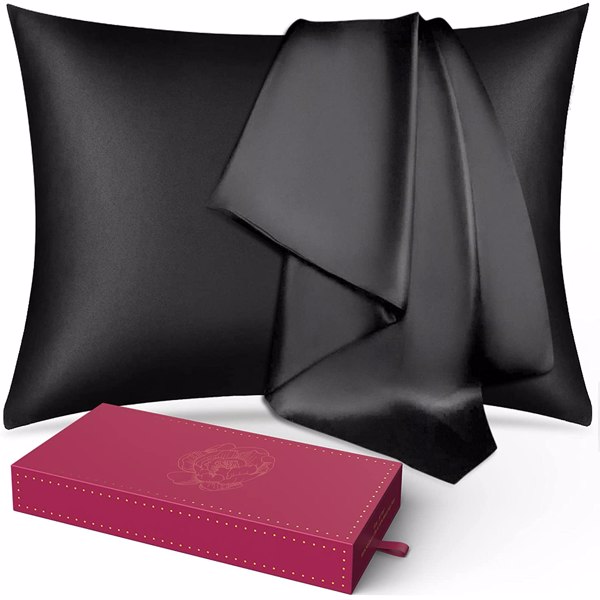Lacette Silk Pillowcase 2 Pack for Hair and Skin, 100% Mulberry Silk, Double-Sided Silk Pillow Cases with Hidden Zipper (Black, Standard Size: 20" x 26")