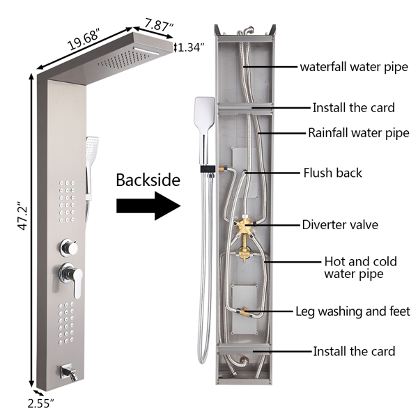 48 inch Shower Panel Tower System Stainless Steel 5 in 1 Multi-Function Shower Panel with Spout Rainfall Waterfall Massage Jets Tub Spout Hand Shower for Home Hotel Resort Split Type -Silver