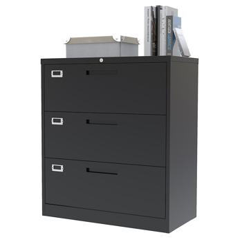 3 Drawer Metal Lateral File Cabinet with Lock, Steel Office Filing Cabinet for Legal/Letter A4 Size, Wide File Cabinet for Office Home, (Black)