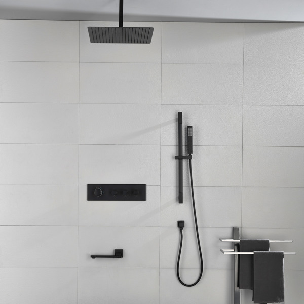  Rainfall Showerhead Thermostatic Shower System Shower Faucets Complete Set (Black)