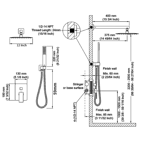 Shower System Shower Faucet Combo Set Wall Mounted with 12" Rainfall Shower Head and handheld shower faucet, Matte Black Finish with Brass Valve Rough-In[Unable to ship on weekends, please place order