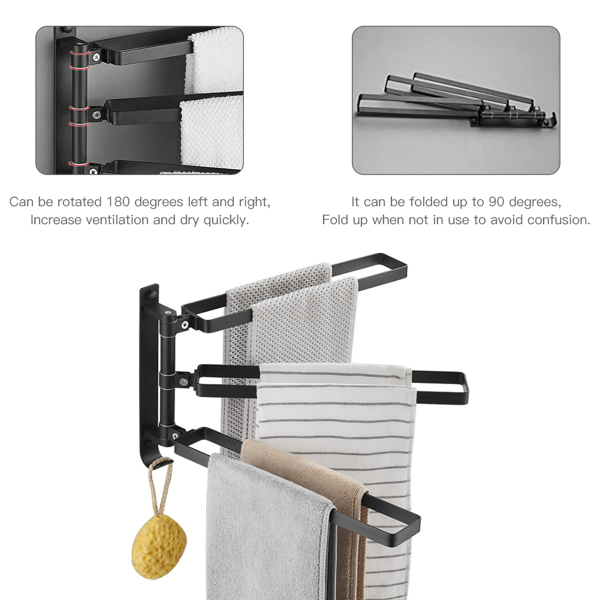 Toilet towel bar rotating towel hanger punch-free rag rack bath towel storage folding shelf black 3 bars (punched, no glue)