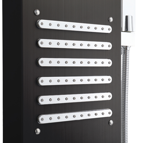 Top LED light 48 inch Shower Panel Tower System Stainless Steel 6 in 1 Multi-Function Shower Panel with Spout Rainfall Waterfall Massage Jets Tub Spout Hand Shower - Black