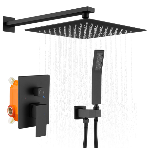 Shower System Shower Faucet Combo Set Wall Mounted with 12" Rainfall Shower Head and handheld shower faucet, Matte Black Finish with Brass Valve Rough-In[Unable to ship on weekends, please place order