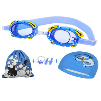 Children\\'s waterproof and anti-fog swimming goggles + swimming cap + swimming bag + nose clip earplugs 4-piece set blue