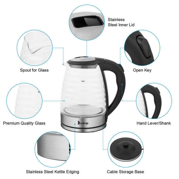 ZOKOP European Standard HD-1858L 1.8L 220V 1800W Electric Kettle Stainless Steel High Quality Borosilicate Glass Seven Colors Of Lights