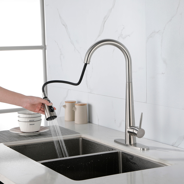 Kitchen Faucet with Pull Down Sprayer Brushed Nickel, High Arc Single Handle Kitchen Sink Faucet with Deck Plate, Commercial Modern Stainless Steel Kitchen Faucets