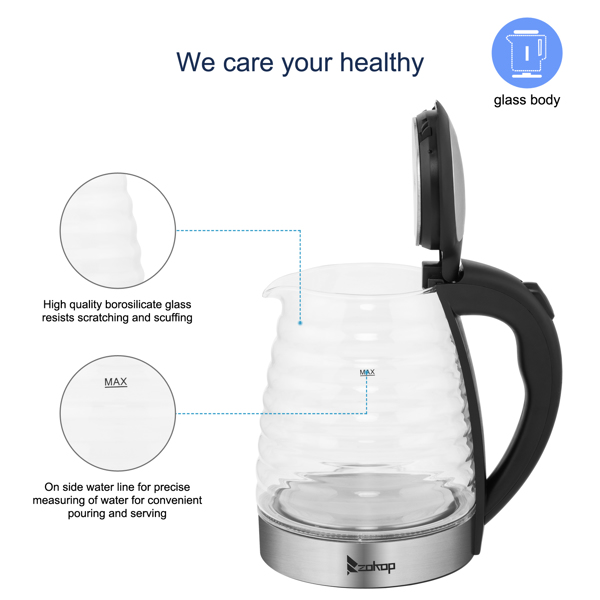 ZOKOP European Standard HD-1858L 1.8L 220V 1800W Electric Kettle Stainless Steel High Quality Borosilicate Glass Seven Colors Of Lights
