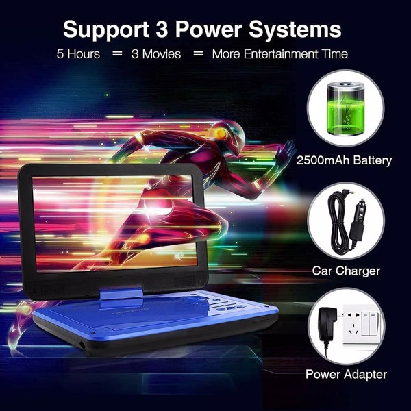 DBPOWER 12" Portable DVD Player with 5-Hour Rechargeable Battery, 10" Swivel Display Screen, with 1.8 Meter Car Charger, Power Adaptor, Car Headrest Mount, Region Free- Blue,  (FBA 发货，周末不处理订单）