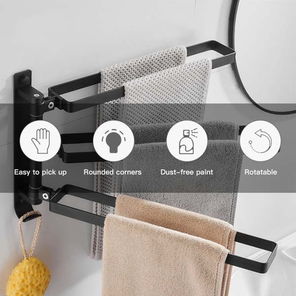 Toilet towel bar rotating towel hanger punch-free rag rack bath towel storage folding shelf black 3 bars (punched, no glue)