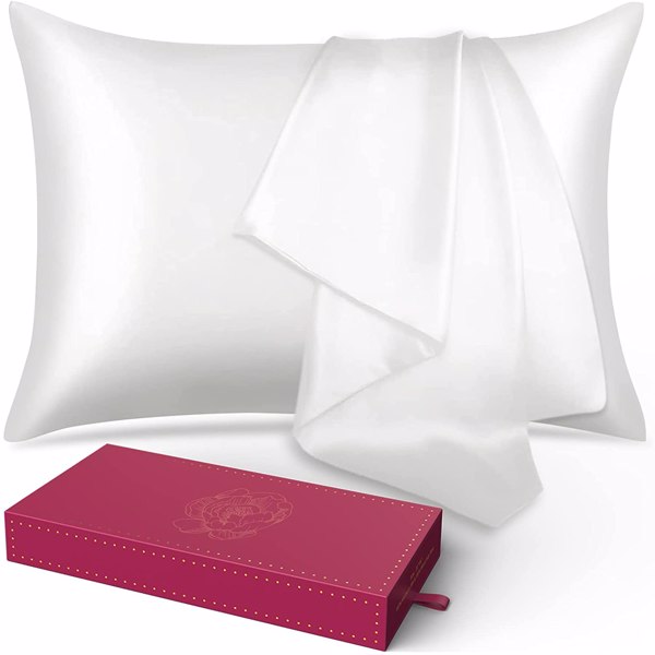 Silk Pillowcase for Hair and Skin 1 Pack, 100% Mulberry Silk & Natural Wood Pulp Fiber Double-Sided Design, Silk Pillow Covers with Hidden Zipper (queen size:20" x 30", white), (FBA 发货，周末不发货)
