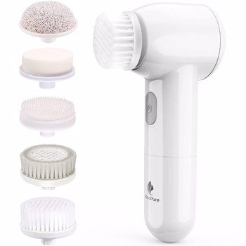 facial cleansing brush by MiroPure, Waterproof face spin brush set with 5 brush heads, rechargeable exfoliating face brush for gentle exfoliation, deep scrubbing and massaging - white 
