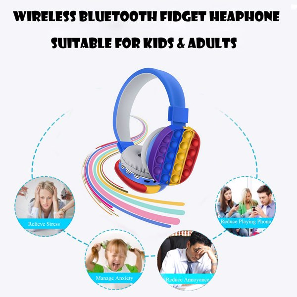 Fidget Headphones Kids Toy Headset, Wireless Bluetooth Headphone Pop Bubble On-Ear Headphone Fidget Toy Rainbow Color Fidget Headset for Children Adults (Blue)