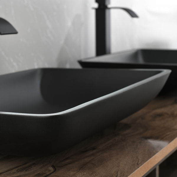 14.38" L -22.25" W -13.0" H Matte Shell  Glass Rectangular Vessel Bathroom Sink in Black with  Faucet and Pop-Up Drain in Matte Black