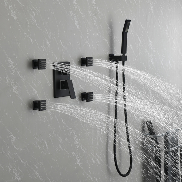Shower System, 10-Inch Matte Black Full Body Shower System with Body Jets, Square Rainfall Shower Head, Handheld Shower, and 3 Functions Pressure Balance Shower Valve, Bathroom Luxury Faucet Set.