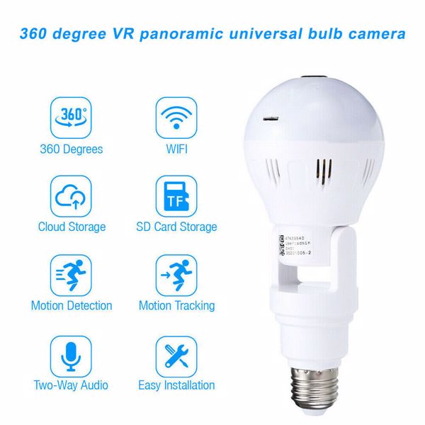 360° Panoramic Hidden Wifi IP Camera Light Bulb Home Security Lamp Cam HD 1080P