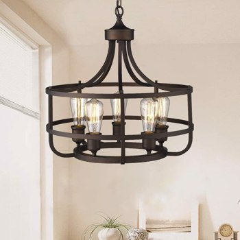 5 Lights Farmhouse Round Chandelier, 19.6inches Rustic Kitchen Island Dining Room Light Fixture, Black Wrought Iron Pendant Chandelier for Corridor, Restaurant