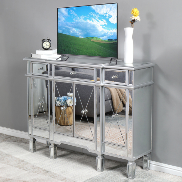 [FCH] Mirrored Finish Glass TV STAND with 3-Drawers 4 X Shape Doors Cabinet for Living Room