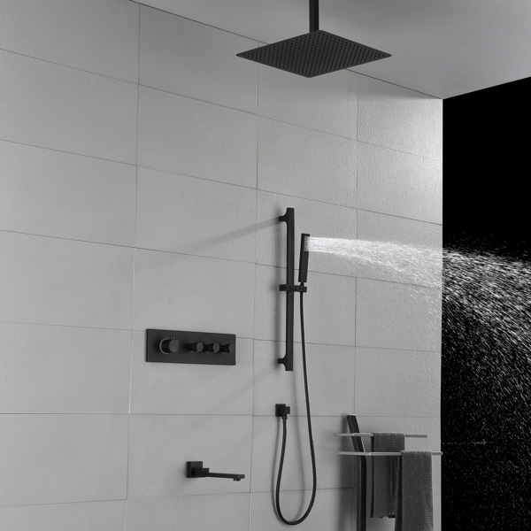  Rainfall Showerhead Thermostatic Shower System Shower Faucets Complete Set (Black)