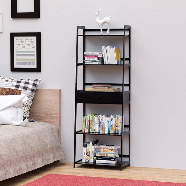 WTZ Bookshelf, Ladder Shelf with Drawers, 5 Tier Tall Bookcase, Modern Open Book Case for Bedroom, Living Room, Office, BC-239 Black