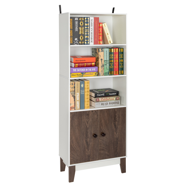 4 Tier Bookcase Storage Cabinet,Wooden Bookshelf with 2 Doors and 3 Shelves, Free Standing Floor Side Display Cabinet Decor Furniture for Home Office