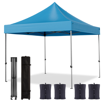 10 x10 Pop Up Canopy Tent , Heavy Duty Commercial Canopy Waterproof Adjustable Height with Wheeled Carry Bag, 4 Sandbags, 4 Stakes and 4 Ropes for Outdoor Camping, Sky Blue
