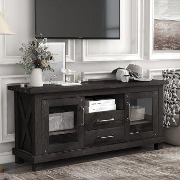 LEAVAN Retro Industrial Vintage Particleboard TV Stand with Two Drawers and Open Style Shelves Glass Doors and Adjustable Shelf, Espresso