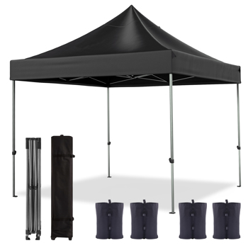 10 x10 Pop Up Canopy Tent , Heavy Duty Commercial Canopy Waterproof Adjustable Height with Wheeled Carry Bag, 4 Sandbags, 4 Stakes and 4 Ropes for Outdoor Camping, Black