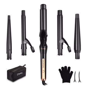 Curling Irons, O\\'Bella 5 in 1 Curling Wands, Metal Handle 0.5-1.25 Inch 5 Interchangeable Barrels, Hair Curler Set with Ceramic Tourmaline Coating, Dual Voltage, 5 Temp Setting for Any Hairstyle