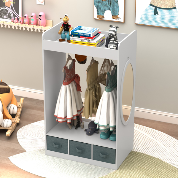 Kids Costume Organizer、 Costume Rack、Kids Armoire、Open Hanging Armoire Closet with Mirror-WHITE