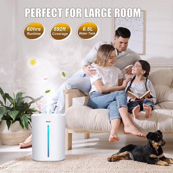 Humidifier for Bedroom Large Room -VEWIOR Top Fill Cool Mist Humidifiers for Baby Nursery, Plants, Home, 6.5L Ultrasonic Humidifier Diffuser No Leak, Easy to Clean, Super Quiet(Shipment from FBA)