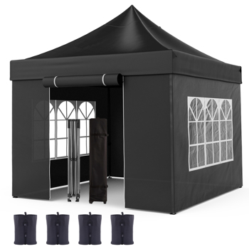 10 x10 Pop Up Canopy Tent with Sidewalls, Heavy Duty Commercial Canopy Waterproof Adjustable Height with Wheeled Carry Bag, 4 Sandbags, 4 Stakes and 4 Ropes for Outdoor Camping, Black