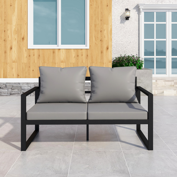 Patio Furniture Metal Couch,   2-Seat All-Weather Outdoor Black Metal  Sofa Chair with Grey Cushions