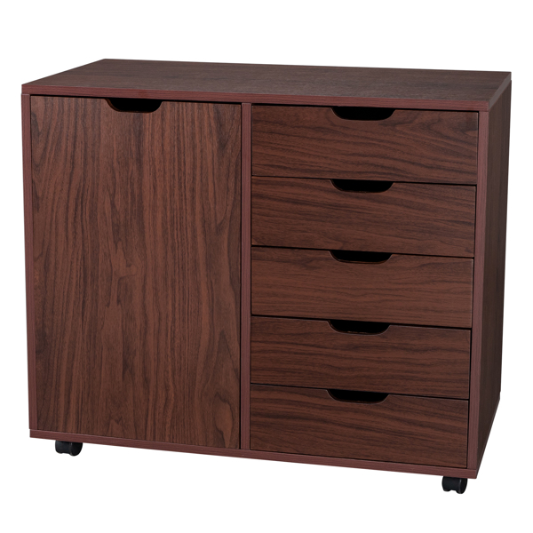 Single Door Five Drawers MDF With PVC Wooden Filing Cabinet Dark Brown