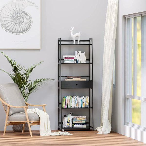 WTZ Bookshelf, Ladder Shelf with Drawers, 5 Tier Tall Bookcase, Modern Open Book Case for Bedroom, Living Room, Office, BC-239 Black