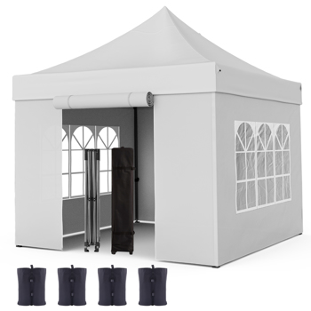 10 x10 Pop Up Canopy Tent with Sidewalls, Heavy Duty Commercial Canopy Waterproof Adjustable Height with Wheeled Carry Bag, 4 Sandbags, 4 Stakes and 4 Ropes for Outdoor Camping, White