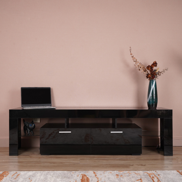 Modern Design Black TV Stand with LED Lights,High glossy Front and Side TV Cabinet.TV Bench,Can be assembled in Lounge Room, Living Room or Bedroom