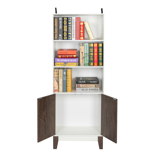 4 Tier Bookcase Storage Cabinet,Wooden Bookshelf with 2 Doors and 3 Shelves, Free Standing Floor Side Display Cabinet Decor Furniture for Home Office