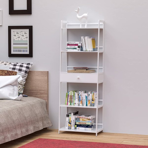 WTZ Bookshelf, Ladder Shelf with Drawers, 5 Tier Tall Bookcase, Modern Open Book Case for Bedroom, Living Room, Office, BC-239 White