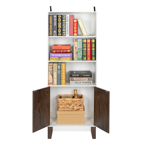 4 Tier Bookcase Storage Cabinet,Wooden Bookshelf with 2 Doors and 3 Shelves, Free Standing Floor Side Display Cabinet Decor Furniture for Home Office