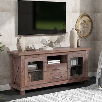 LEAVAN Retro Industrial Vintage Particleboard TV Stand with Two Drawers and Open Style Shelves Glass Doors and Adjustable Shelf, Barnwood