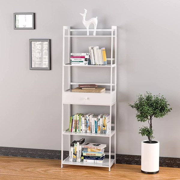 WTZ Bookshelf, Ladder Shelf with Drawers, 5 Tier Tall Bookcase, Modern Open Book Case for Bedroom, Living Room, Office, BC-239 White