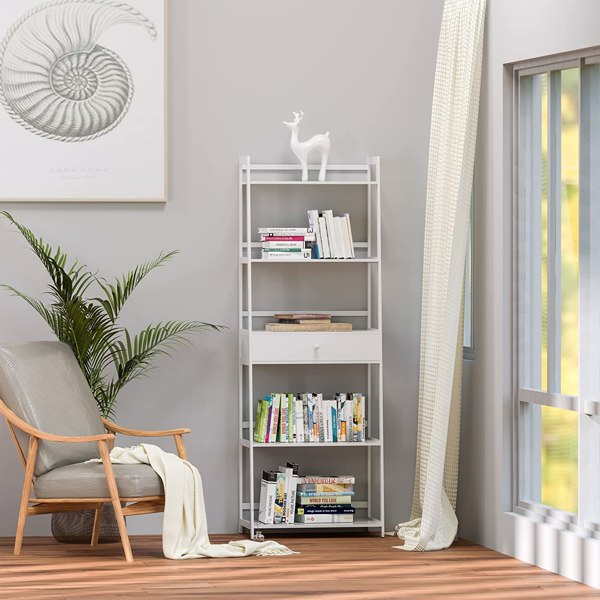 WTZ Bookshelf, Ladder Shelf with Drawers, 5 Tier Tall Bookcase, Modern Open Book Case for Bedroom, Living Room, Office, BC-239 White