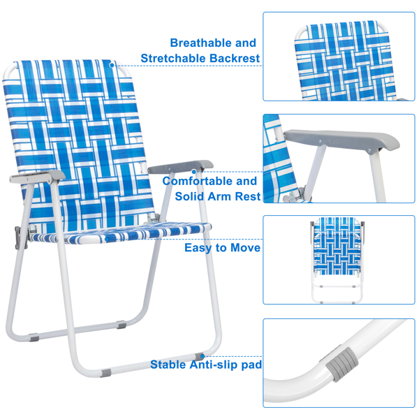 2pcs Steel Tube PP Webbing Bearing 120kg Folding Beach Chair Blue& White Strip 